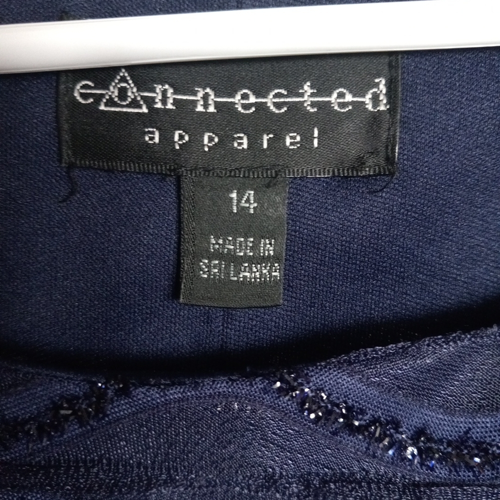 Connected Apparel Elegant Navy Blue Dress with Sheer Sleeves Size 14 - Picture 3 of 11